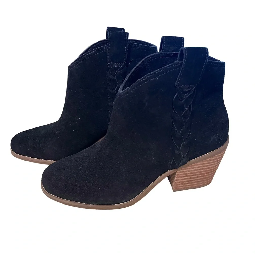 NEW TOMS Womens Size 8 Constance Braided Black Suede Western Ankle Boot Pull On